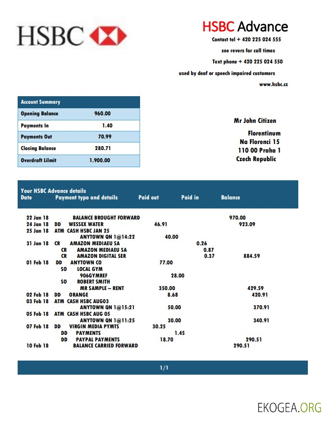 Modèle de relevé bancaire HSBC tchèque facile à remplir